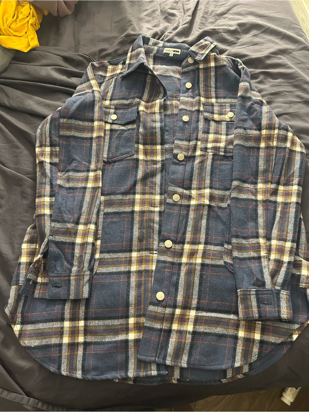Fashion Nova Navy Plaid Button-Down Shirt with Yellow Accents